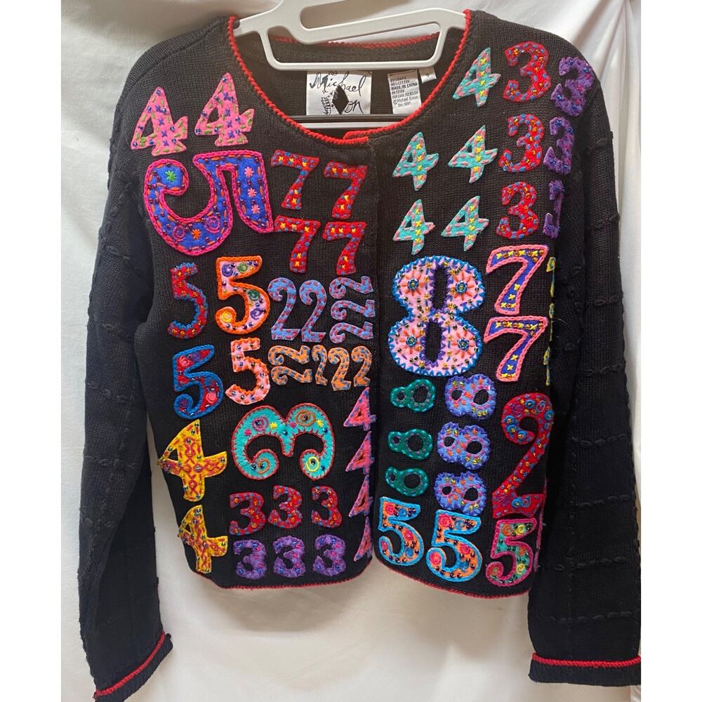 Michael Simon NY Black Cardigan S Embroidered/Beaded Numbers Teacher Y2K